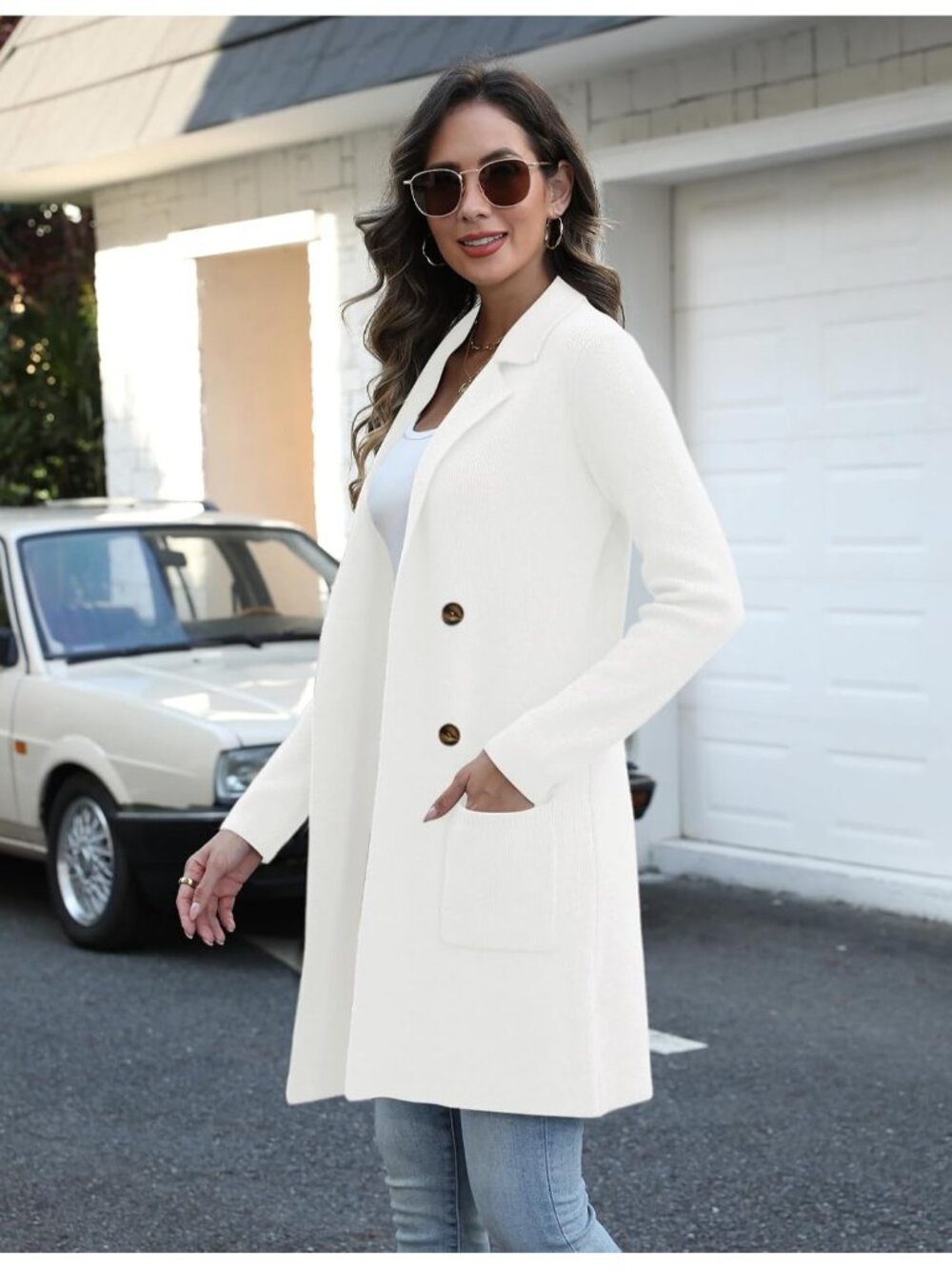 Women's White Long Knit Cardigan Open Front Coatigan Lapel Button Pocket Sweater - Picture 3 of 5